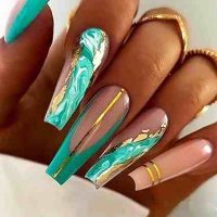 24Pcs Marble Press on Nails with Line Design